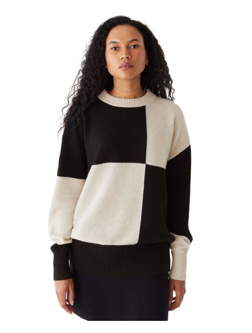 FRANK AND OAK Women's Relaxed Crewneck Patchwork-Check Sweater