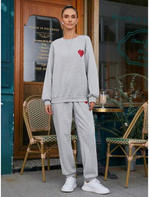SHEIN Essnce 2pcs/set Heart Patterned Sweater And Sweatpants