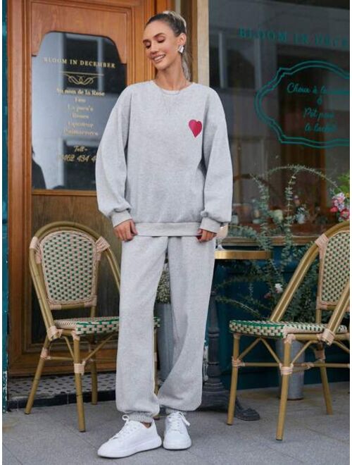 SHEIN Essnce 2pcs/set Heart Patterned Sweater And Sweatpants