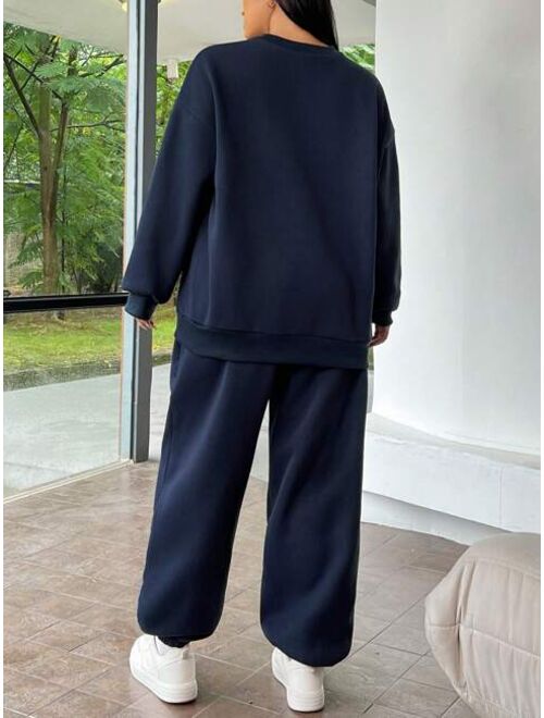 SHEIN EZwear Plus Size Women's Simple Print Solid Color Crewneck Sweatshirt And Sweatpants Set