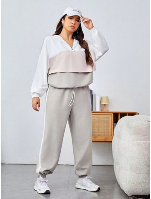 SHEIN EZwear 2pcs/set Woven Color Block Top And Solid Pants Outfit