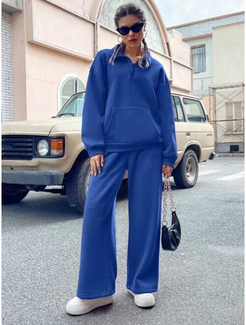 Women's Zipper Pure Color Drop Shoulder Sweatshirt And Jogger Pants Two-Piece Set