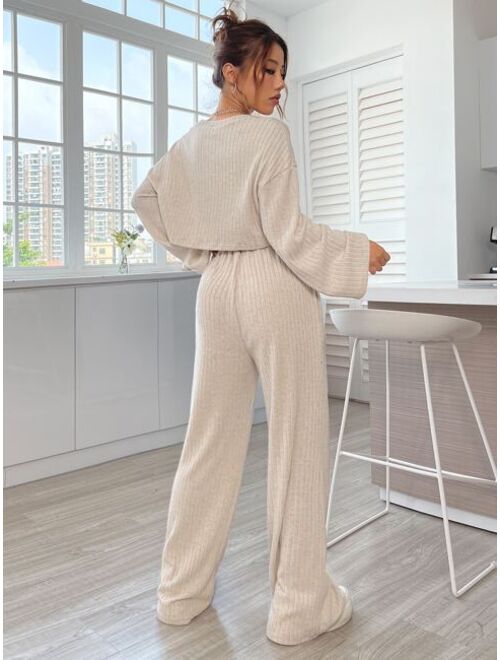 SHEIN EZwear Drop Shoulder Rib Knit Crop Tee & Drawstring Waist Pants