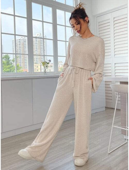 SHEIN EZwear Drop Shoulder Rib Knit Crop Tee & Drawstring Waist Pants
