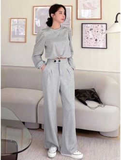 Solid Puff Sleeve Pullover & Plicated Detail Pants