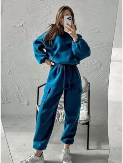 SHEIN Essnce Solid Raglan Sleeve Sweatshirt & Flap Pocket Sweatpants