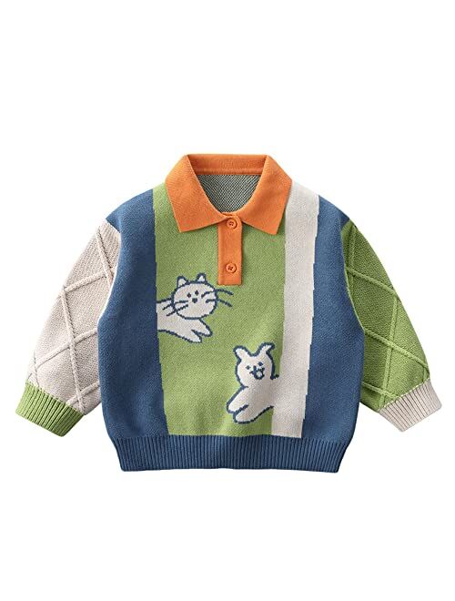 LABISHU Toddler's Color Block Printed Pullover Sweater Little Kid's Polo Collar Ribbed Knitted Tops Knitwear