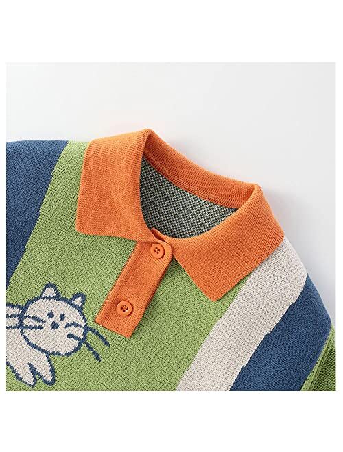 LABISHU Toddler's Color Block Printed Pullover Sweater Little Kid's Polo Collar Ribbed Knitted Tops Knitwear