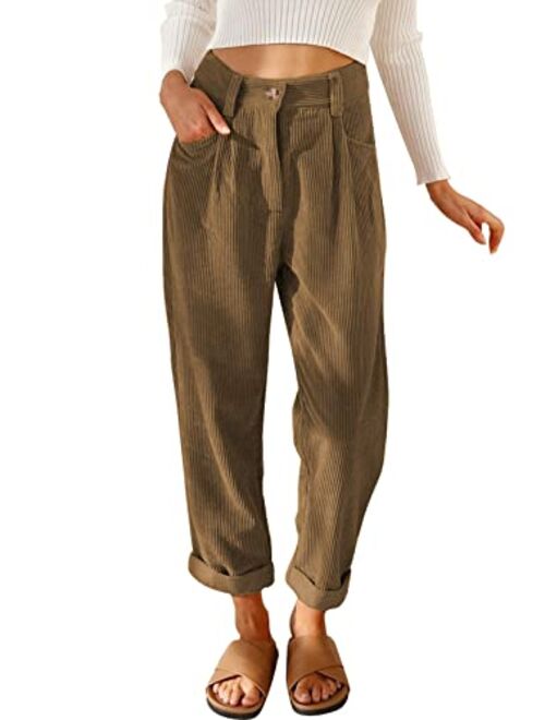 Acelitt Womens Elastic Waist Straight Leg Corduroy Pants with Pockets, S-2XL