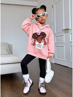 Shein Young Girl Figure & Letter Graphic Drop Shoulder Hoodie
