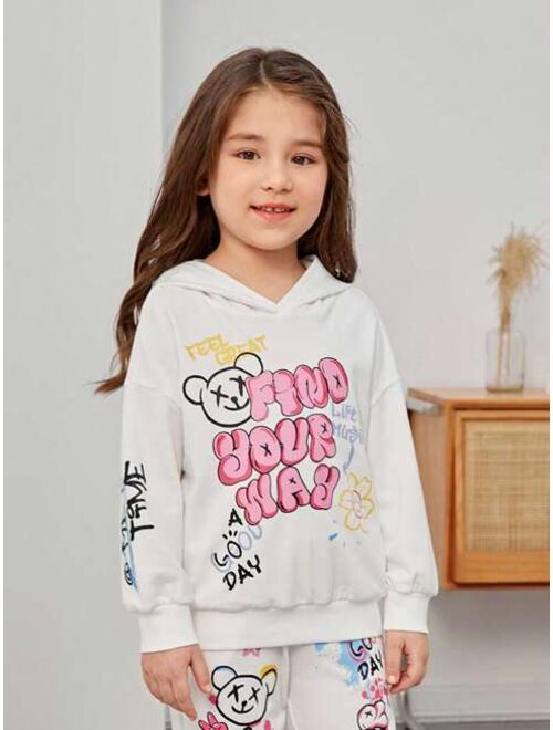 SHEIN Kids EVRYDAY Young Girl Cartoon & Slogan Graphic Drop Shoulder Hoodie