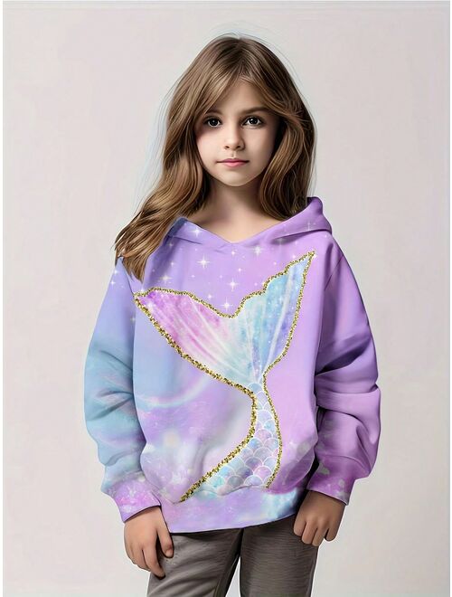 Shein Spring & Autumn Girls' Fashionable Cartoon Cool Fish Tail Hooded Hoodie For Leisure