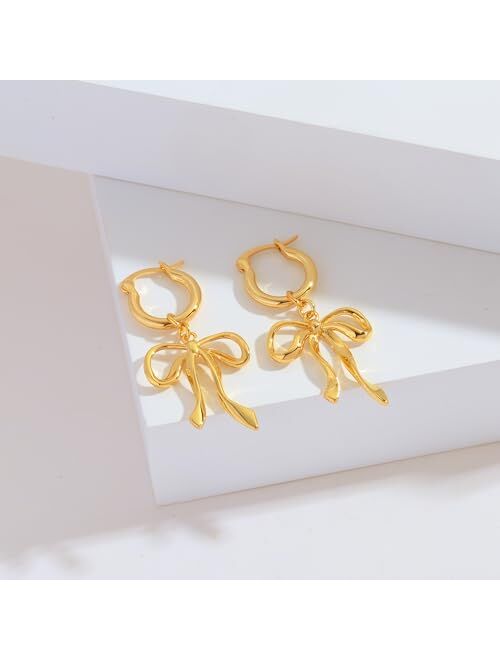 WOWORAMA Gold Bow Earrings for Women Long Ribbon Bow Hoop Earrings Trendy Cute Bowknot Dangle Drop Earrings Dainty Bow Earrings