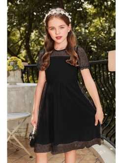 Girls Dress Contrast Mesh Puffy Short Sleeve A Line Casual Party Dress 3-12 Years
