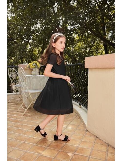 Arshiner Girls Dress Contrast Mesh Puffy Short Sleeve A Line Casual Party Dress 3-12 Years