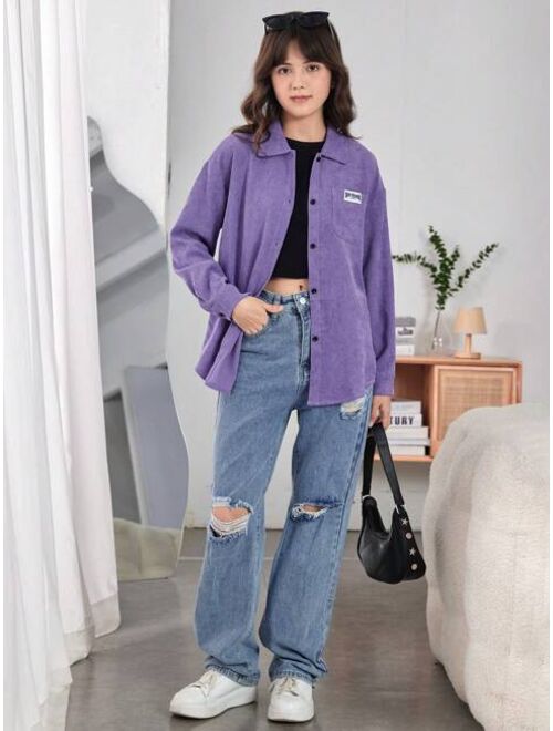 Shein Teen Girl Letter Patched Detail Drop Shoulder Corduroy Shirt