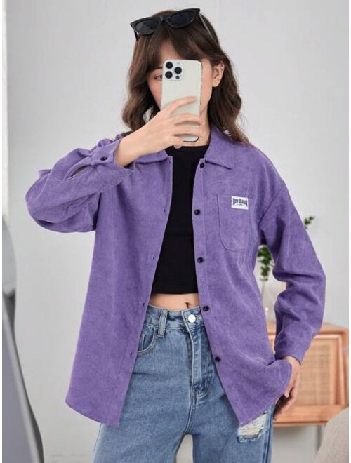 Shein Teen Girl Letter Patched Detail Drop Shoulder Corduroy Shirt