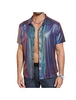 TURETRENDY Men's 70s Disco Shirts Metallic Sequins Shiny Short Sleeve Party Shirts Nightclub Prom Costume