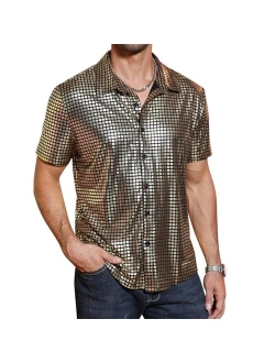 TURETRENDY Men's 70s Disco Shirts Metallic Sequins Shiny Short Sleeve Party Shirts Nightclub Prom Costume