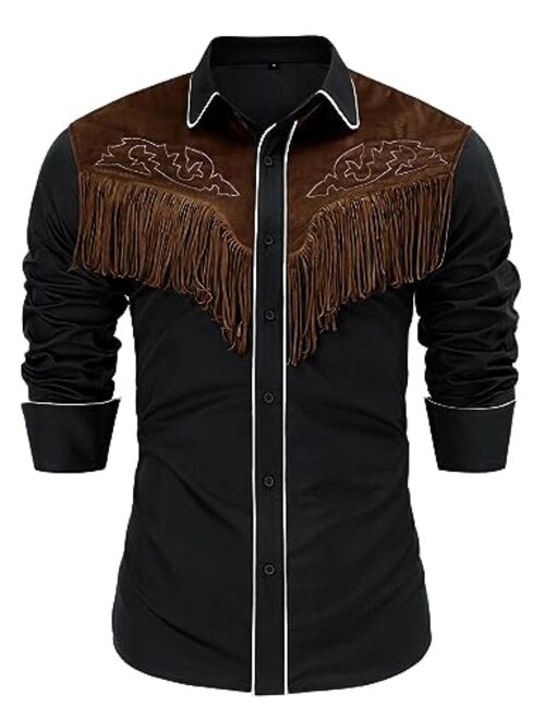 TURETRENDY Men's Western Fringe Cowboy Shirt Halloween Costume Long Sleeve Embroidered Slim Fit Casual Button Down Shirts