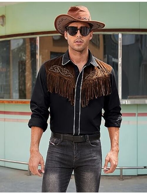 TURETRENDY Men's Western Fringe Cowboy Shirt Halloween Costume Long Sleeve Embroidered Slim Fit Casual Button Down Shirts