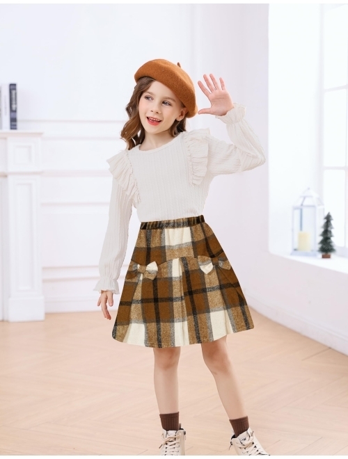 EuquixZeph Toddler Girl Clothes Fall Winter Outfits Little Girl 2Pcs Ruffle Long Sleeve Knit Sweater Shirts Plaid Skirts Set