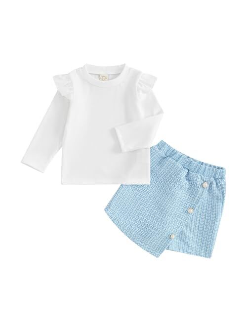 Fernvia Toddler Girl Fall Winter Clothes Ruffles Long Sleeve Shirt and Plaid Shorts Skirt Kids Little Girl 2Pcs Outfits Set
