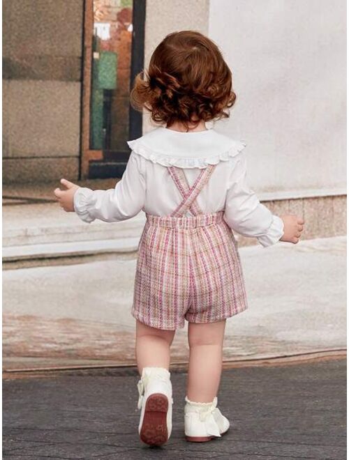SHEIN Baby Girls' Elegant Doll Collar Checked Straps Shorts Set With Ruffle Trimmed Long Sleeve Blouse