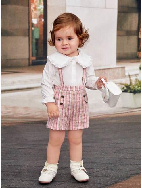 SHEIN Baby Girls' Elegant Doll Collar Checked Straps Shorts Set With Ruffle Trimmed Long Sleeve Blouse