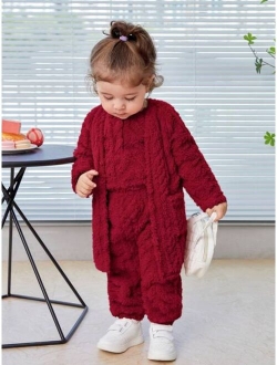 Baby Girl Solid Teddy Coat & Pants & Vest