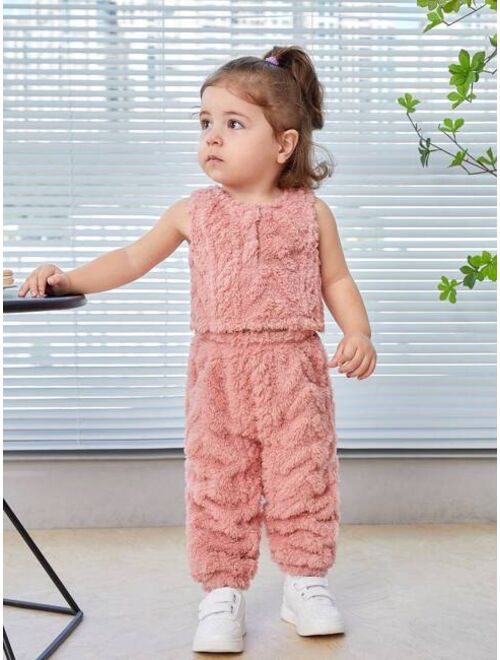 SHEIN Baby Girl Solid Teddy Coat & Pants & Vest