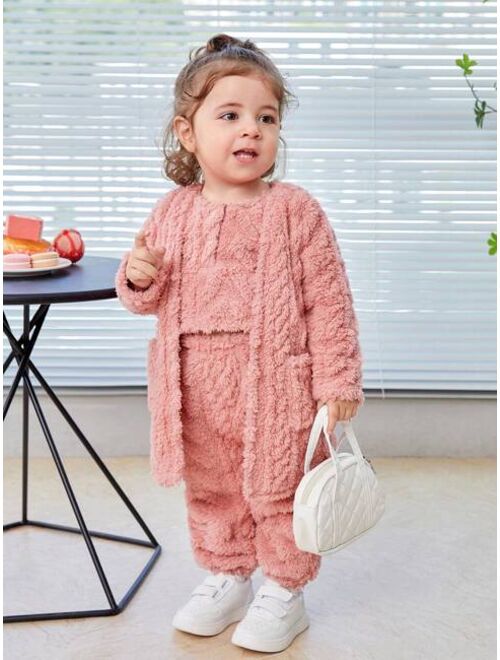 SHEIN Baby Girl Solid Teddy Coat & Pants & Vest