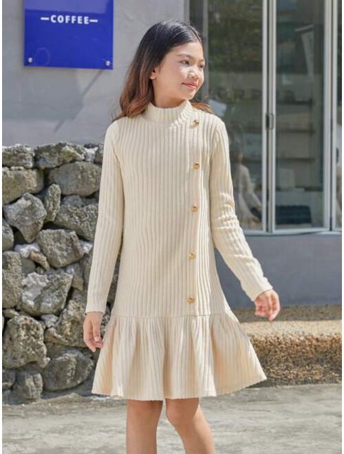 SHEIN Kids KDOMO Tween Girl Mock Neck Button Detail Ruffle Hem Dress