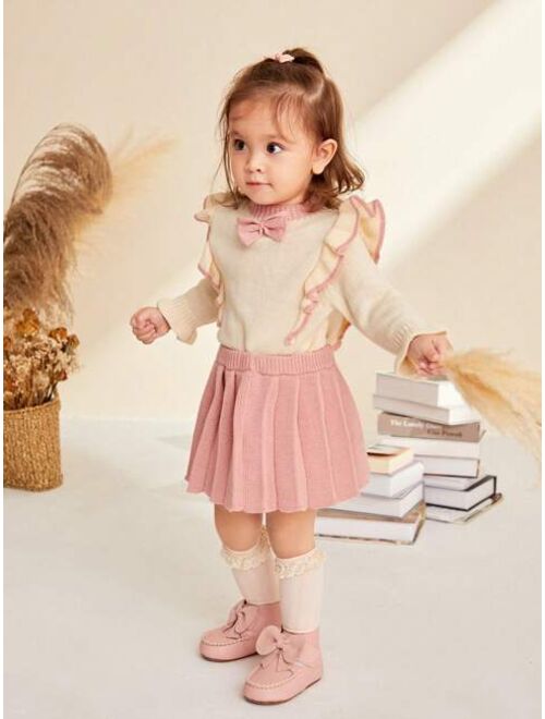 Cozy Cub 2pcs Baby Girl Cute Ruffle Hem Long Sleeve Sweater And Pleated Knit Skirt