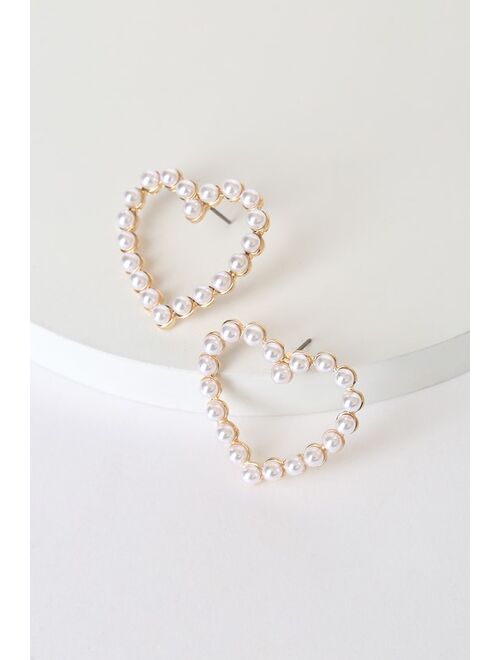 Lulus Glamorous at Heart Gold and Pearl Heart Earrings