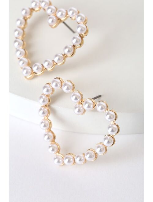 Lulus Glamorous at Heart Gold and Pearl Heart Earrings