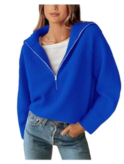 BTFBM Womens Casual Long Sleeve Half Zip Pullover Sweaters Solid V Neck Collar Ribbed Knitted Loose Slouchy Jumper Tops