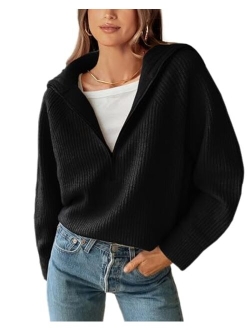 BTFBM Womens Casual Long Sleeve Half Zip Pullover Sweaters Solid V Neck Collar Ribbed Knitted Loose Slouchy Jumper Tops