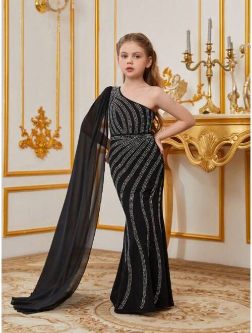 Girl's Cape Sleeve Rhinestone Decorated Mermaid Hem Party Dress, For Teens