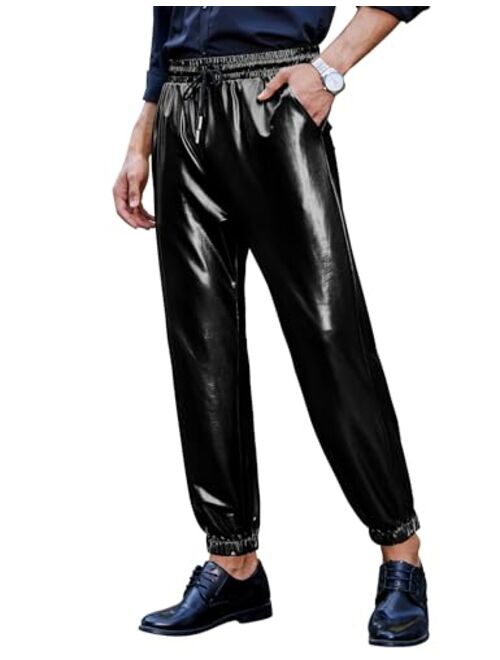 TURETRENDY Mens Metallic Shiny Disco Pants Drawstring Waist Party Nightclub Dance Rave Cosplay Tapered Trousers with Pockets