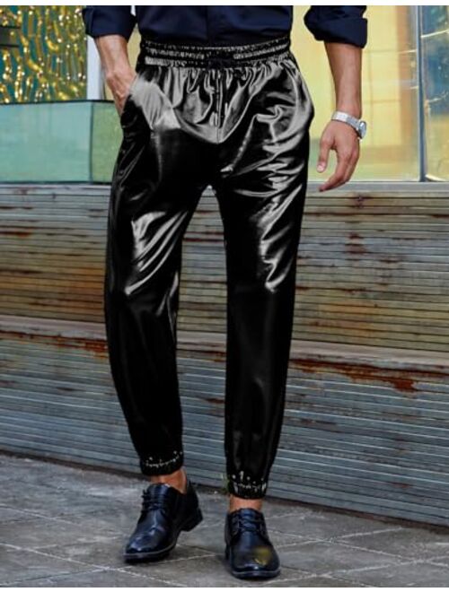 TURETRENDY Mens Metallic Shiny Disco Pants Drawstring Waist Party Nightclub Dance Rave Cosplay Tapered Trousers with Pockets