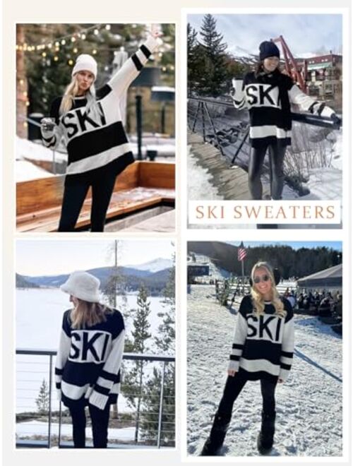 Saodimallsu Womens Color Block Oversized Sweater Ski Print Fall Trendy Crew Neck Long Sleeve Pullover Sweaters Knit Tops