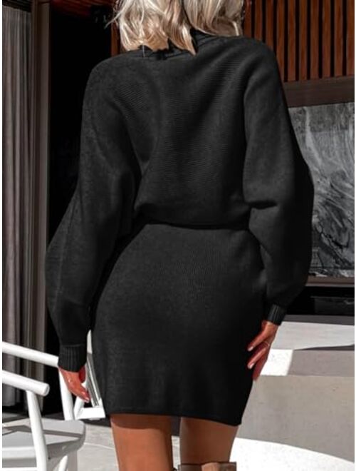Saodimallsu Womens Turtleneck Sweater Dress Oversized Ribbed Knit Bodycon Batwing Long Sleeve Pullover Dresses