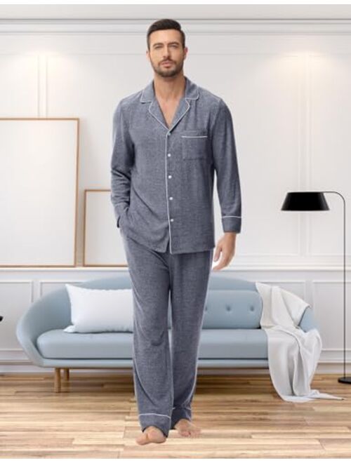 Veseacky Men's Cotton Pajama Lightweight Long Sleeve Button Down Soft Sleepwear for Men with Pockets