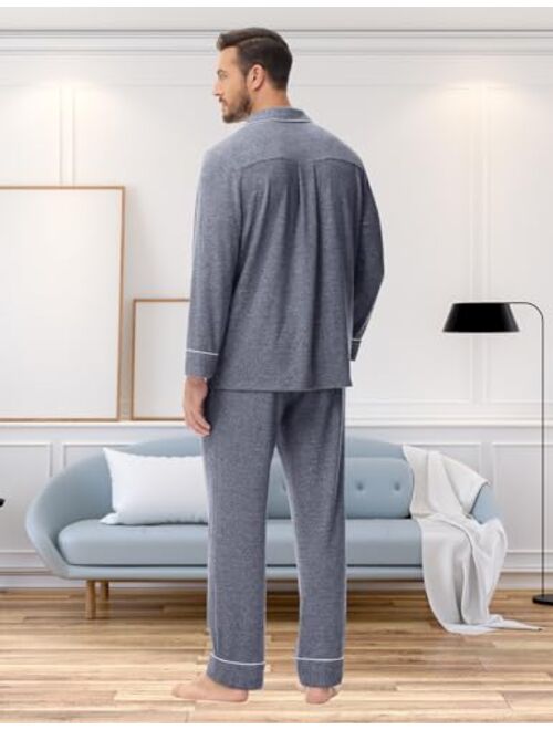 Veseacky Men's Cotton Pajama Lightweight Long Sleeve Button Down Soft Sleepwear for Men with Pockets