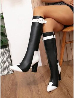 Xinxinda Women's Fashion Boots,Women's elegant PU warm fashion boots, pointed high-heeled and chunky-heeled spliced knee-high boots, black and white knee-high boots for a