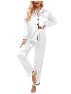 Women's Classic Button Down Long Satin Silk Pajama Set