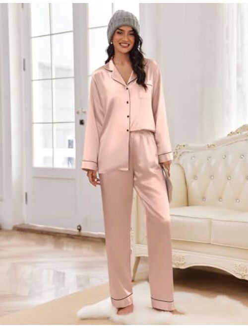 Ekouaer Women's Classic Button Down Long Satin Silk Pajama Set