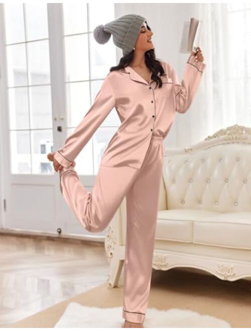 Ekouaer Women's Classic Button Down Long Satin Silk Pajama Set