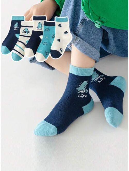 Shein 5pairs Kids' Multicolor Cute Cartoon Dinosaur Design Fashionable All-match Mid-calf Socks For Boys, Warm